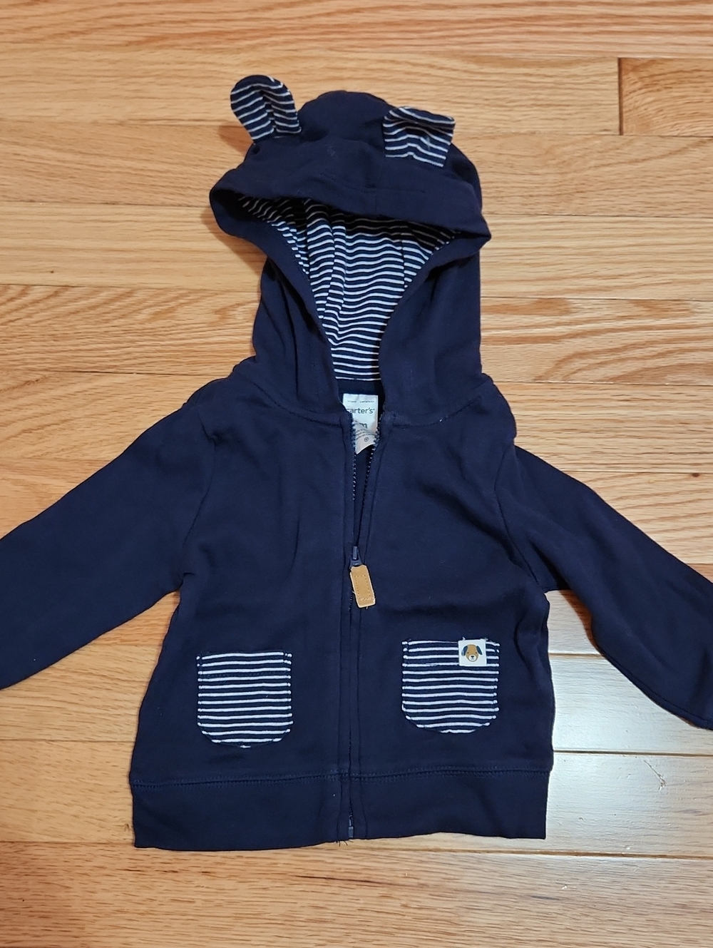 Carters Navy Puppy Ears Hooded Zip-Up Sweatshirt with Striped Pocket Detail